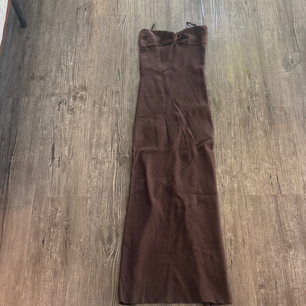 Babaton Brown Strapless Knit Maxi Dress